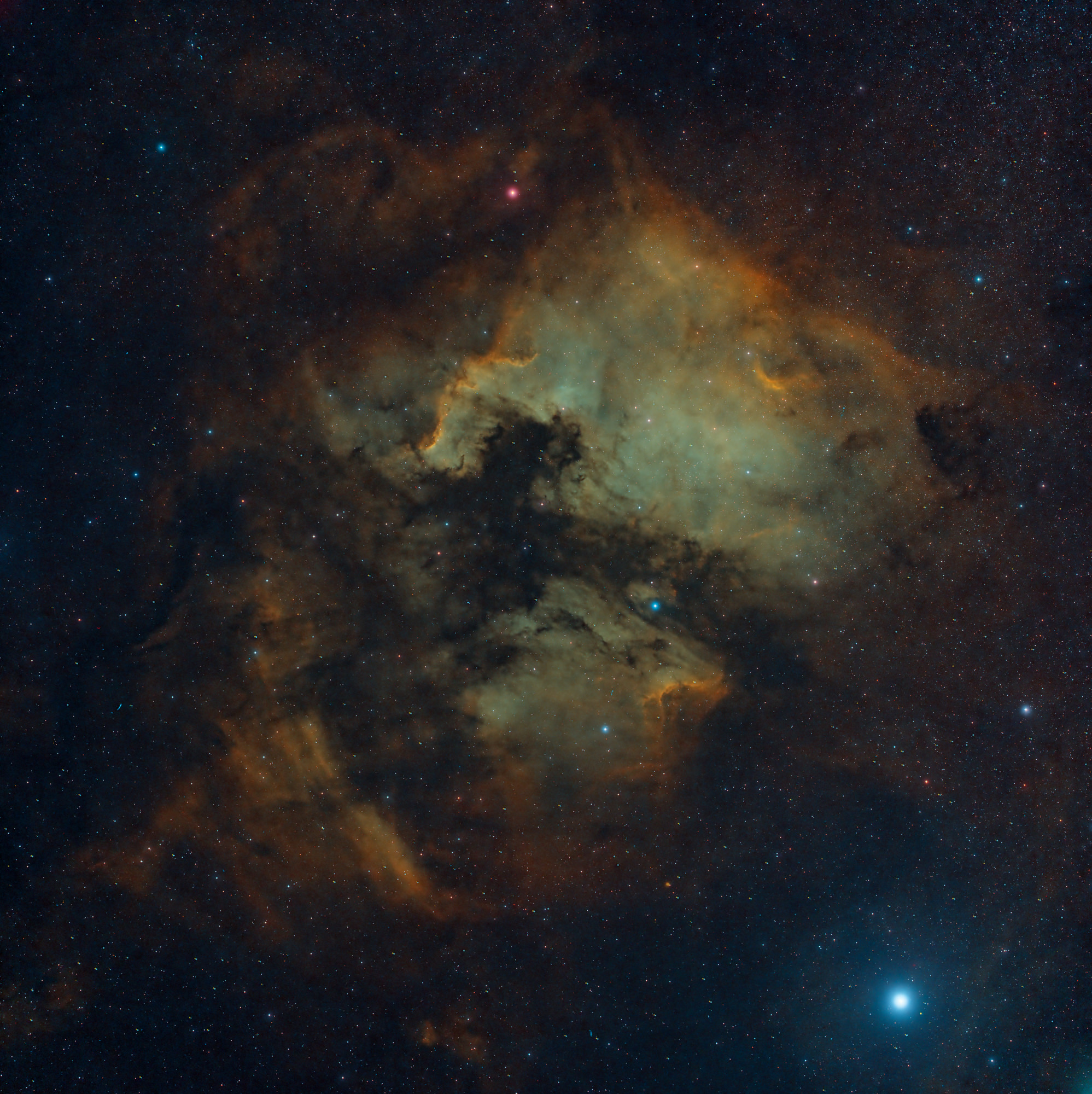 Der Nordamerika-Nebel NGC 7000 und der Pelikan-Nebel IC 5070 sind Emissionsnebel im Sternbild Cygnus in der Nähe von Deneb (der Schwanz des Schwans und sein hellster Stern). Die Form des Nebels ähnelt der des nordamerikanischen Kontinents, komplett mit einem markanten Golf von Mexiko. Im unteren Teil des Bildes sieht man den Pelikankopf des Pelikannebels.